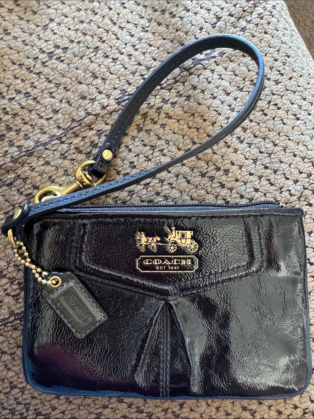Coach Black Patent Leather Wristlet with Gold Accent
